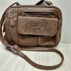 MultiSac Zippy Triple Compartment Crossbody Bag Brown Tan Floral Pattern Purse